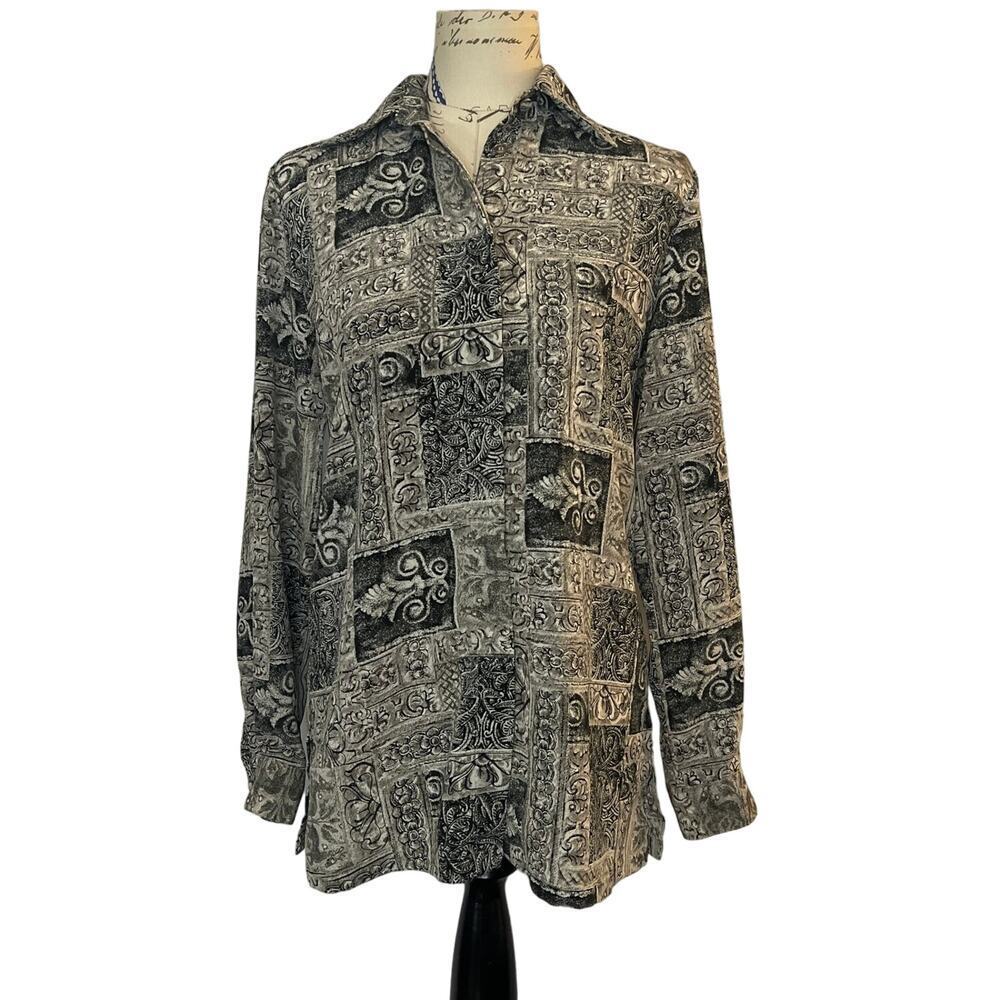 Vintage Tess Button Up Top Beige Black Long Sleeve Pattern Blouse